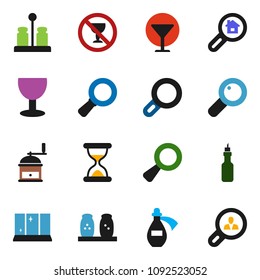 solid vector ixon set - shining window vector, hand mill, spices, oil, magnifier, no alcohol sign, glass, sand clock, potion, search estate, client