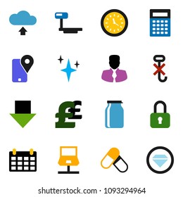 solid vector ixon set - shining vector, jar, calculator, manager, arrow down, calendar, pound, pills, traking, clock, no hook, big scales, notebook network, cloud upload, lock, diamond ring