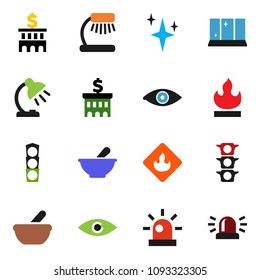 solid vector ixon set - shining vector, window, table lamp, bank building, traffic light, flammable, eye, mortar, siren