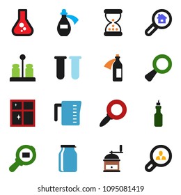 solid vector ixon set - shining window vector, measuring cup, hand mill, spices, jar, oil, magnifier, flask, cargo search, vial, sand clock, potion, estate, client