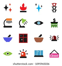 solid vector ixon set - shining vector, window, table lamp, bank building, traffic light, flammable, eye, mortar, siren, closed