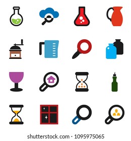 solid vector ixon set - shining window vector, measuring cup, hand mill, jug, jar, oil, magnifier, flask, glass, sand clock, cloud, search estate, client