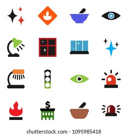 solid vector ixon set - shining vector, window, table lamp, bank building, traffic light, flammable, eye, mortar, siren