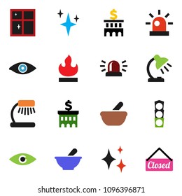 solid vector ixon set - shining vector, window, table lamp, bank building, traffic light, flammable, eye, mortar, siren, closed
