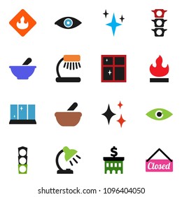 solid vector ixon set - shining vector, window, table lamp, bank building, traffic light, flammable, eye, mortar, closed