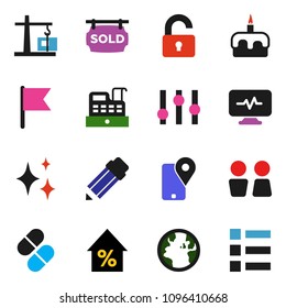 solid vector ixon set - shining vector, water closet, cake, pencil, flag, percent growth, earth, traking, settings, pills, diagnostic monitor, sold signboard, unlock, construction crane, cashbox