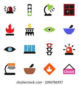 solid vector ixon set - shining window vector, table lamp, bank building, traffic light, flammable, eye, mortar, siren, closed