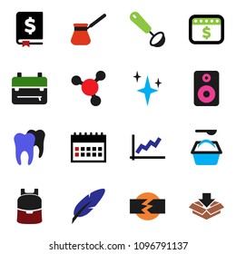 solid vector ixon set - shining vector, washing powder, ladle, turk coffee, pen, backpack, molecule, graph, annual report, dollar calendar, speaker, tooth, disconnection, package
