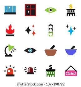 solid vector ixon set - shining vector, window, table lamp, bank building, traffic light, flammable, eye, mortar, siren, closed