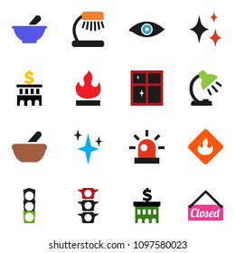 solid vector ixon set - shining vector, window, table lamp, bank building, traffic light, flammable, eye, mortar, siren, closed