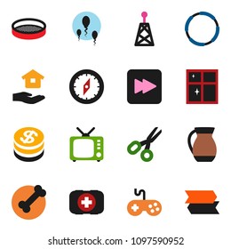 solid vector ixon set - shining window vector, house hold, jug, sieve, compass, scissors, first aid kit, bone, hoop, antenna, tv, gamepad, forward button, sperm, dollar coin, signpost