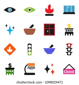 solid vector ixon set - shining vector, window, table lamp, bank building, traffic light, flammable, eye, mortar, closed