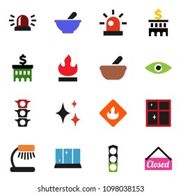 solid vector ixon set - shining vector, window, table lamp, bank building, traffic light, flammable, eye, mortar, siren, closed
