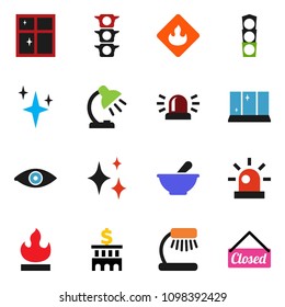 solid vector ixon set - shining vector, window, table lamp, bank building, traffic light, flammable, eye, mortar, siren, closed