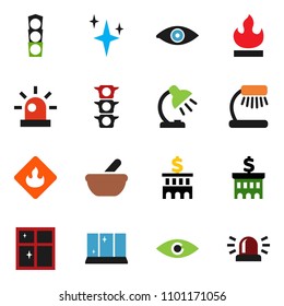 solid vector ixon set - shining vector, window, table lamp, bank building, traffic light, flammable, eye, mortar, siren