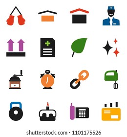 solid vector ixon set - shining vector, hand mill, mixer, cake, alarm clock, leaf, weight, boxing glove, phone, dry cargo, top sign, link, anamnesis, doctor, mail
