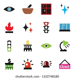 solid vector ixon set - shining vector, window, table lamp, bank building, traffic light, flammable, eye, mortar, siren, closed