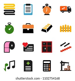 solid vector ixon set - shining window vector, toilet paper, towel, alarm clock, clipboard, music, gold ingot, case, calculator, stopwatch, stairways run, heart monitor, anamnesis, fence