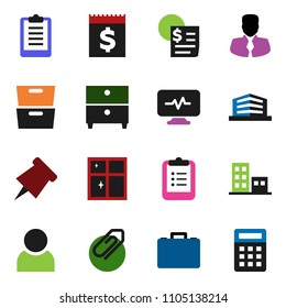 solid vector ixon set - shining window vector, clipboard, paper pin, archive, manager, case, receipt, diagnostic monitor, attachment, user, apartments, office building, calculator