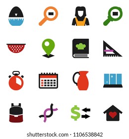 solid vector ixon set - shining window vector, cleaner woman, colander, cook timer, cookbook, jug, corner ruler, backpack, exchange, calendar, cargo search, dna, pin, love home