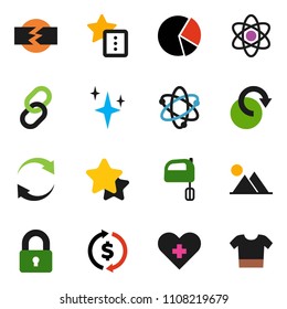solid vector ixon set - shining vector, mixer, atom, exchange, pie graph, link, heart cross, favorites, refresh, redo, disconnection, mountain, lock, star, clothes