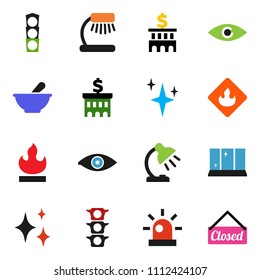 solid vector ixon set - shining vector, window, table lamp, bank building, traffic light, flammable, eye, mortar, siren, closed