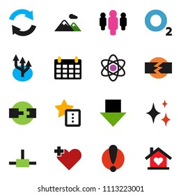 solid vector ixon set - shining vector, atom, man, arrow down, calendar, oxygen, attention, heart cross, connect, favorites, refresh, route, connection, disconnection, mountain, love home