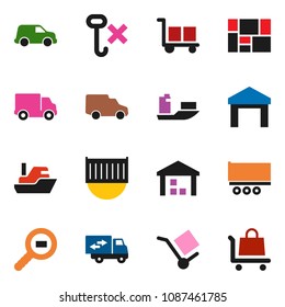 solid vector ixon set - ship vector, truck trailer, sea container, delivery, car, consolidated cargo, no hook, warehouse, search, relocation, trolley