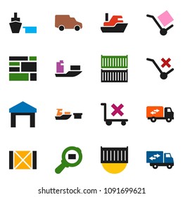 solid vector ixon set - ship vector, sea container, car, port, wood box, consolidated cargo, no trolley, warehouse, search, relocation truck