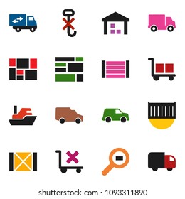 solid vector ixon set - ship vector, sea container, delivery, car, wood box, consolidated cargo, no trolley, hook, warehouse, search, relocation truck