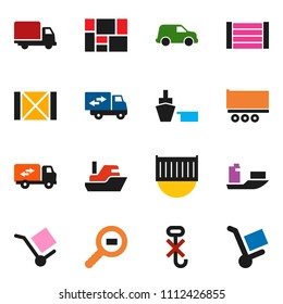 solid vector ixon set - ship vector, truck trailer, sea container, delivery, car, port, wood box, consolidated cargo, no hook, search, relocation, trolley