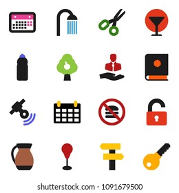 solid vector ixon set - shower vector, jug, scissors, calendar, punching bag, water bottle, no fastfood, client, glass, satellitie, fruit tree, unlock, catalog, signpost, password