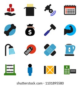 solid vector ixon set - shower vector, kettle, meat hammer, pasta, abacus, money bag, man, muscule hand, calendar, bone, client, wood box, barcode, satellitie, patch, hospital building