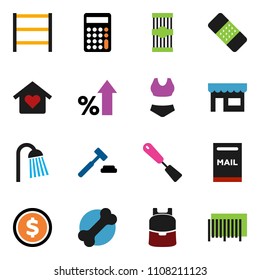 solid vector ixon set - shower vector, spatula, pasta, backpack, dollar coin, percent growth, auction, calculator, swimsuite, bone, shelving, patch, mailbox, love home, store, barcode