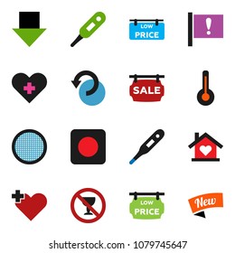 solid vector ixon set - sieve vector, arrow down, no alcohol sign, attention, rec button, heart cross, thermometer, undo, sale signboard, low price, love home, new