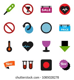 solid vector ixon set - sieve vector, arrow down, heart pulse, prohibition sign, no alcohol, glass, rec button, thermometer, vial, undo, sale signboard, low price, new