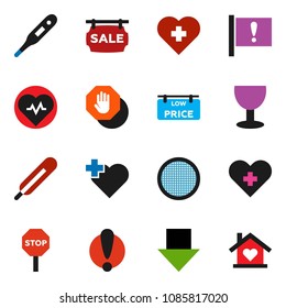 solid vector ixon set - sieve vector, arrow down, heart pulse, cross, attention, glass, thermometer, stop, sale signboard, low price, love home