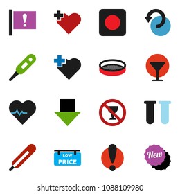 solid vector ixon set - sieve vector, arrow down, heart pulse, no alcohol sign, cross, attention, glass, rec button, thermometer, vial, undo, low price signboard, new