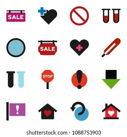 solid vector ixon set - sieve vector, arrow down, prohibition sign, heart cross, attention, thermometer, vial, undo, stop, sale signboard, love home