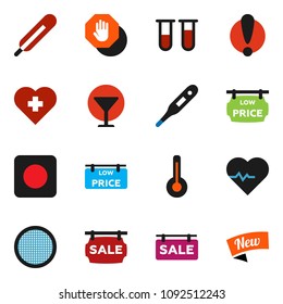 solid vector ixon set - sieve vector, heart pulse, cross, attention, glass, rec button, thermometer, vial, stop, sale signboard, low price, new
