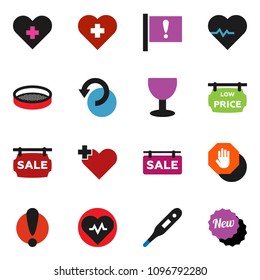 solid vector ixon set - sieve vector, heart pulse, cross, attention, glass, thermometer, undo, stop, sale signboard, low price, new