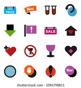 solid vector ixon set - sieve vector, arrow down, no alcohol sign, attention, glass, heart cross, vial, undo, stop, sale signboard, low price, love home, new