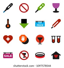 solid vector ixon set - sieve vector, arrow down, prohibition sign, no alcohol, heart cross, glass, thermometer, vial, stop, sale signboard, low price, love home
