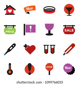 solid vector ixon set - sieve vector, attention, glass, heart cross, thermometer, vial, stop, sale signboard, low price, love home, new