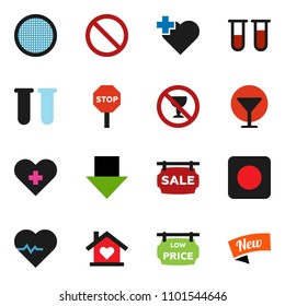 solid vector ixon set - sieve vector, arrow down, heart pulse, prohibition sign, no alcohol, cross, glass, rec button, vial, stop, sale signboard, low price, love home, new