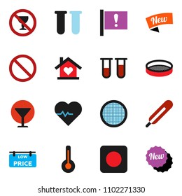 solid vector ixon set - sieve vector, heart pulse, prohibition sign, no alcohol, attention, glass, rec button, thermometer, vial, low price signboard, love home, new