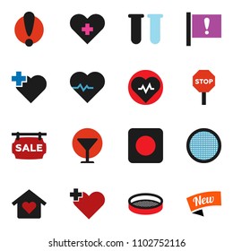 solid vector ixon set - sieve vector, heart pulse, cross, attention, glass, rec button, vial, stop, sale signboard, love home, new