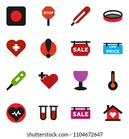solid vector ixon set - sieve vector, heart pulse, cross, attention, glass, rec button, thermometer, vial, stop, sale signboard, low price, love home