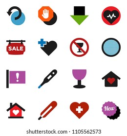 solid vector ixon set - sieve vector, arrow down, heart pulse, no alcohol sign, cross, attention, glass, thermometer, undo, stop, sale signboard, love home, new