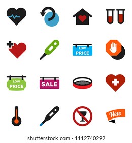 solid vector ixon set - sieve vector, heart pulse, no alcohol sign, cross, thermometer, vial, undo, stop, sale signboard, low price, love home, new